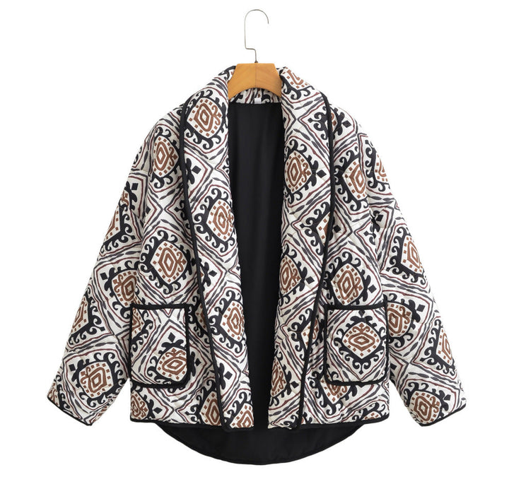 Damska pikowana kimono kurtka z Ethno Print, kontrastowy Piping i z naszywanymi kieszeniami Lumaza