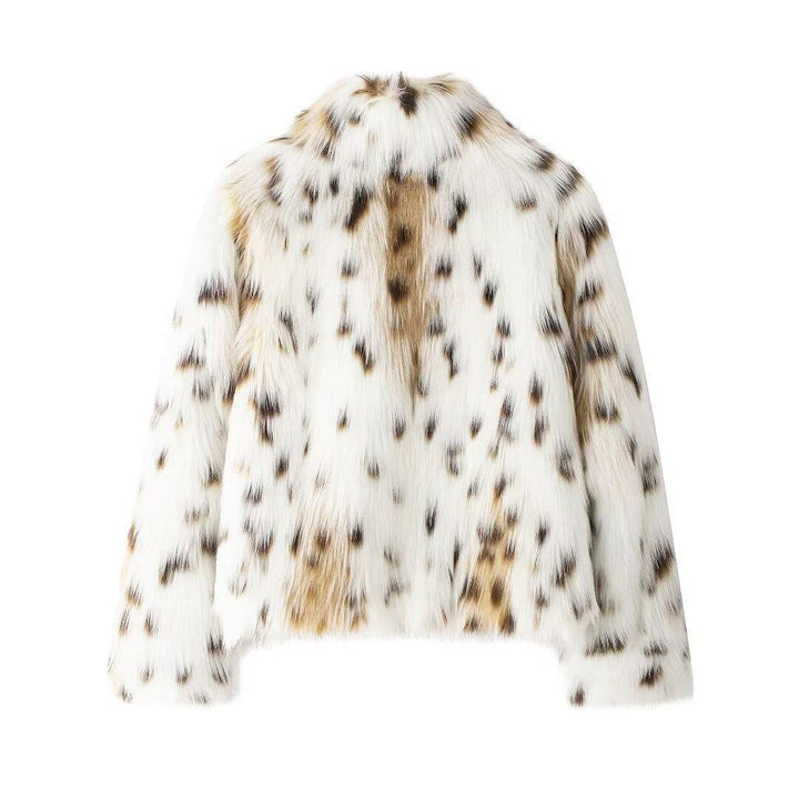 Damska krótka pikowana Faux Fur kurtka z Leopard Spot Pattern i ze stójką Lumaza