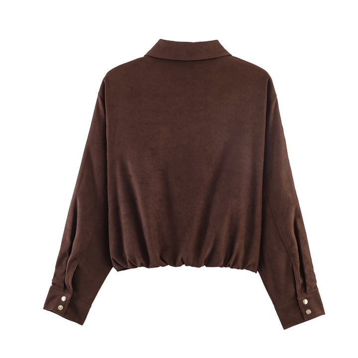 Damska krótka suede look bomber kurtka z zamkiem błyskawicznym, elastic dołem i diagonal side kieszeniami Lumaza