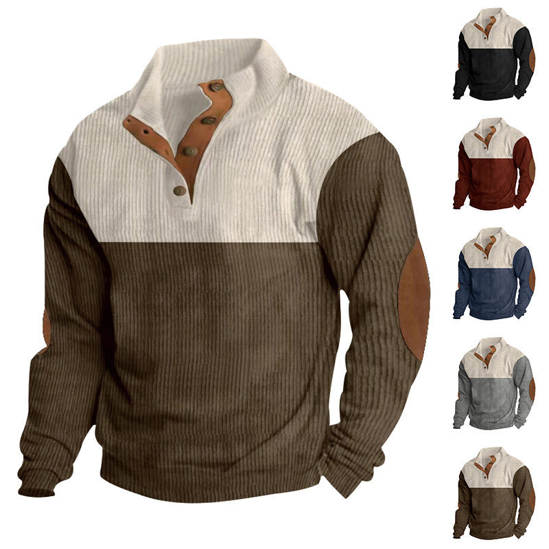 Męska Prążkowany Half-Kołnierz Henley Sweter z Listwa guzikowa i Skóra Elbow Patches