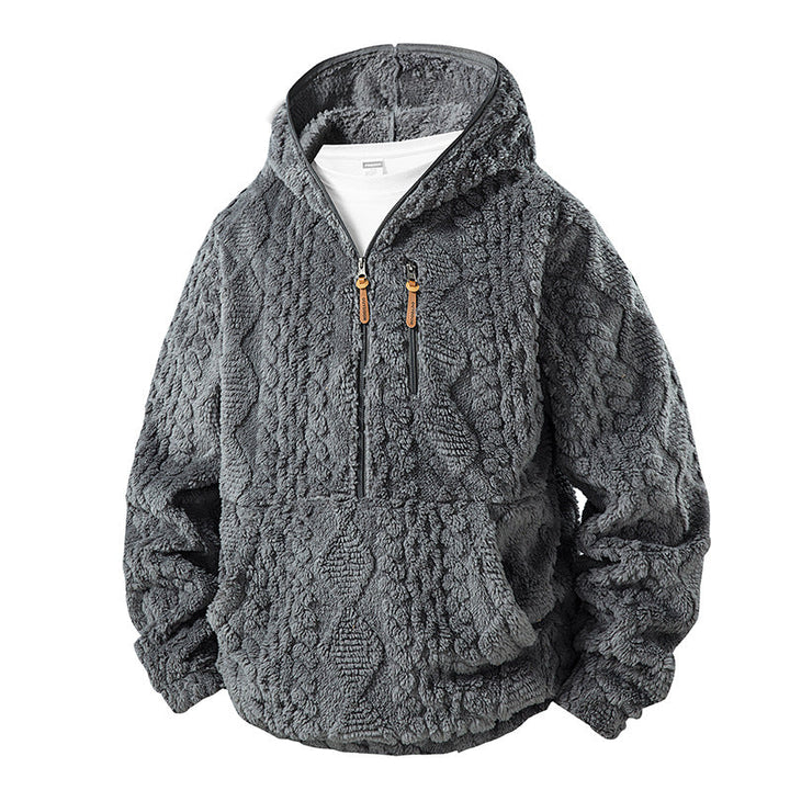 Męska Teddy Polar Half Bluza z zamkiem i kapturem z Strukturalny Dzianina Wygląd, Klatka piersiowa Zamek i Kieszeń kangurka