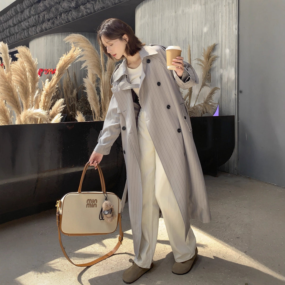 Damska elegancka Maxi długa Pinstripe Trench z na ramiona Pads i Gathered rękawami Lumaza