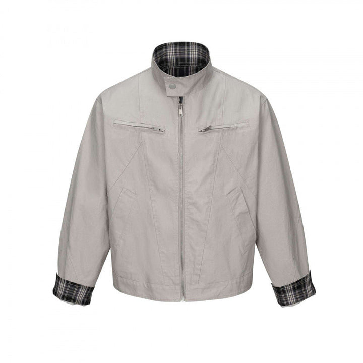 Męska krótsza canvas blouson kurtka z stójką, zamkiemed kieszeniami, i checkered lwwg