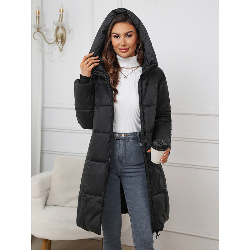 Damska taliowana długa puchowa z windproof membrane, warming termiczna filling i extended back section Lumaza