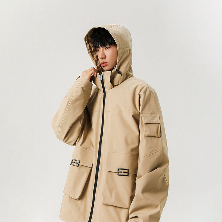 Męski Oversize Utility Kurtka z Technical Softshell, Kaptur i Wiele Kieszenie