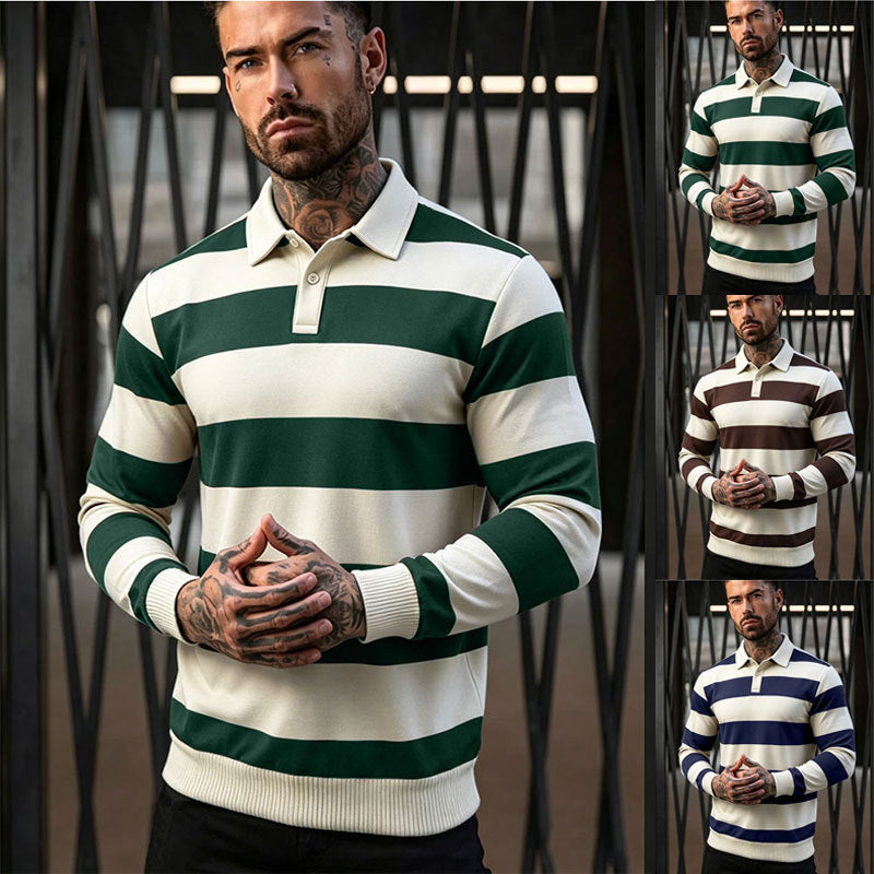 Męska striped rugby polo sweter z Listwa guzikowa i prążkowane mankiety