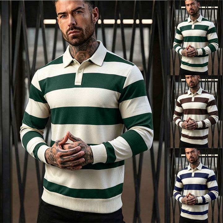Męska striped rugby polo sweter z Listwa guzikowa i prążkowane mankiety