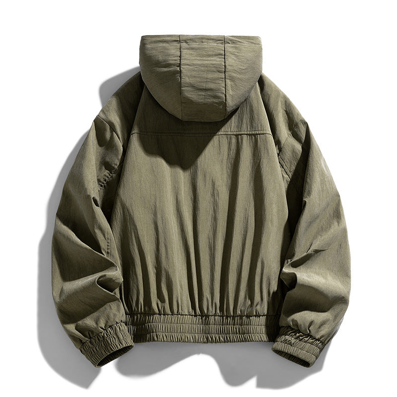 Męski Oversize Płótno Utility Hoodie Kurtka z Hidden Snap Guzik Placket i Kieszenie na zamek