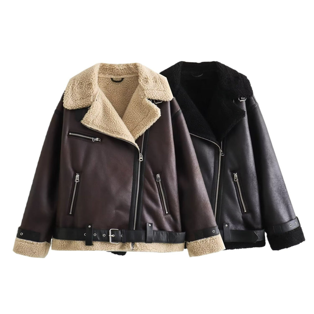 Damska aviator kurtka in biker styl z teddy lining, imitacja skóry trim i waist paskiem Lumaza