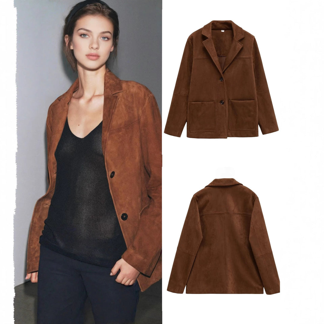Damskie Krótka Suede-Look Płaszcz z Kołnierz z klapami i Naszywane Kieszenie