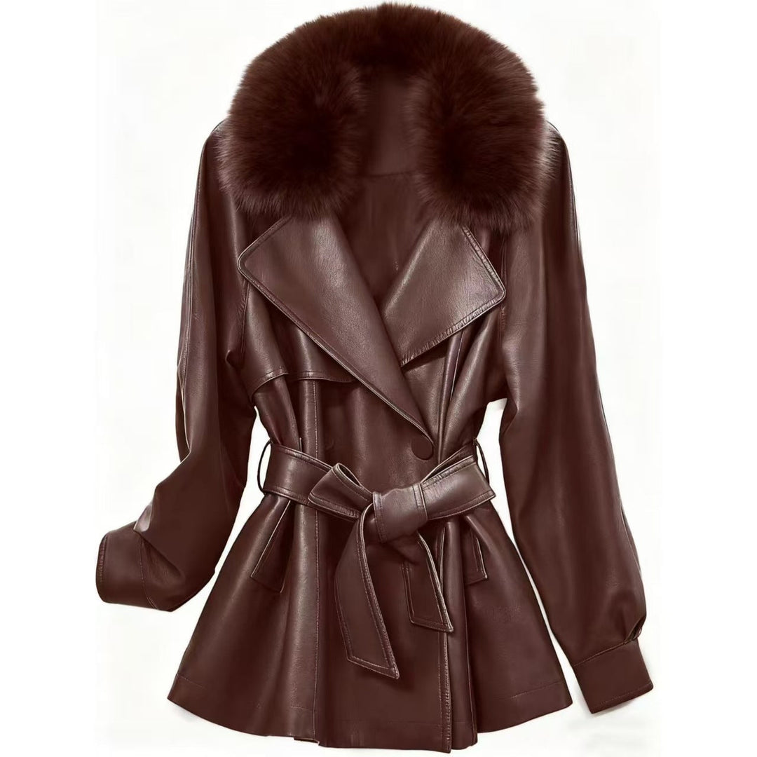 Damska krótka płaszcz made of imitacja skóry z removable faux fur kołnierzem i waist paskiem Lumaza