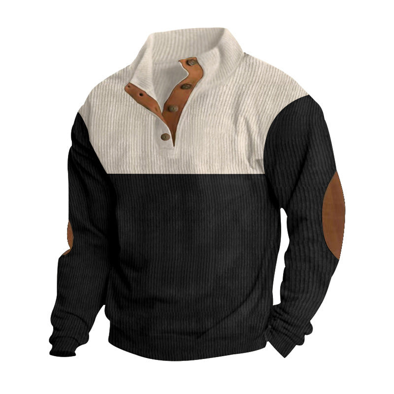 Męska prążkowany Henley dzianina pulower z stójka kontrastowy karczek i elbow patches