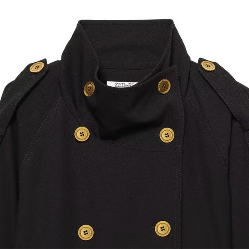 Damska krótka dwurzędna trencz z Waistpaskiem, Epaulettes i Gold-Colored Details Lumaza
