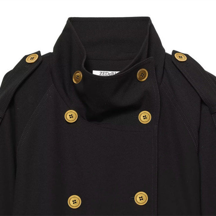 Damska krótka dwurzędna trencz z Waistpaskiem, Epaulettes i Gold-Colored Details Lumaza