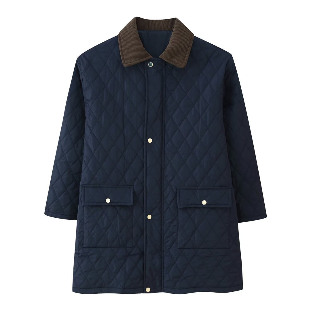 Damskie’s pikowana płaszcz z cord Kołnierz, checkered quilting i naszywane kieszenie