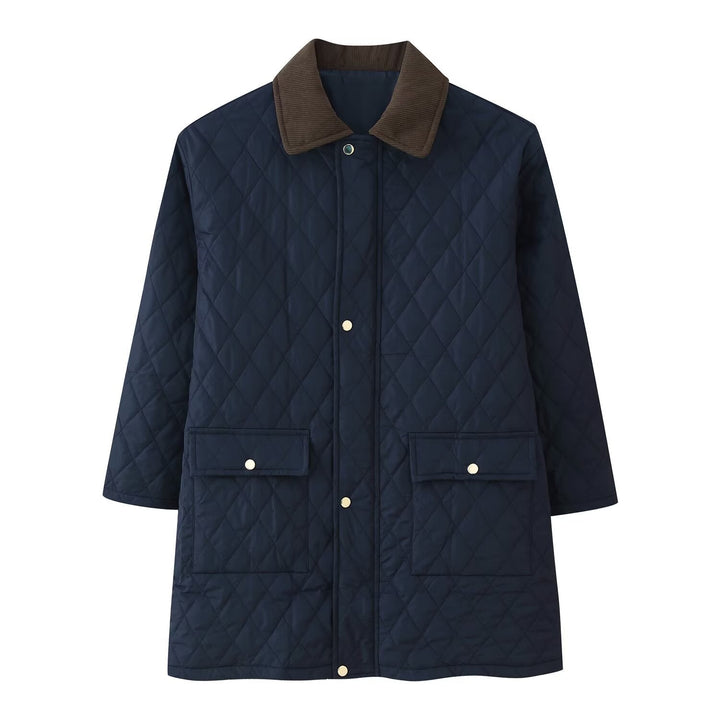 Damskie’s pikowana płaszcz z cord Kołnierz, checkered quilting i naszywane kieszenie