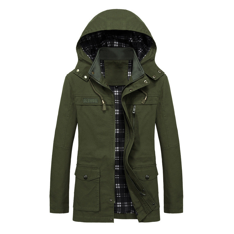 Męski Płótno Field Parka z Kaptur, Checked Podszewka i Multi-function Kieszenie