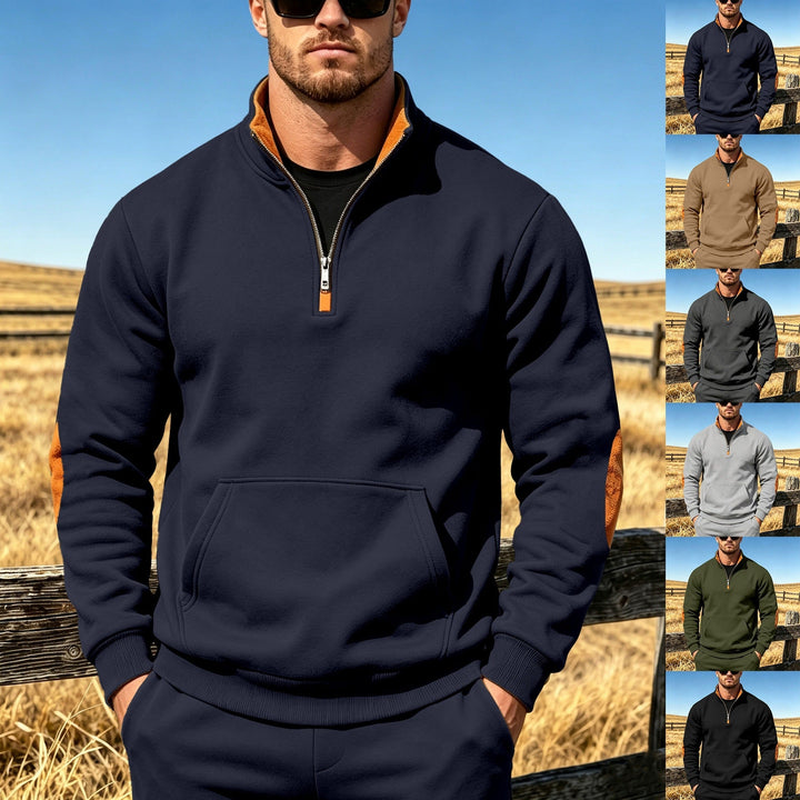 Męska Athletic Krótki zamek Bluza z Elbow Patches i Kieszeń kangurka