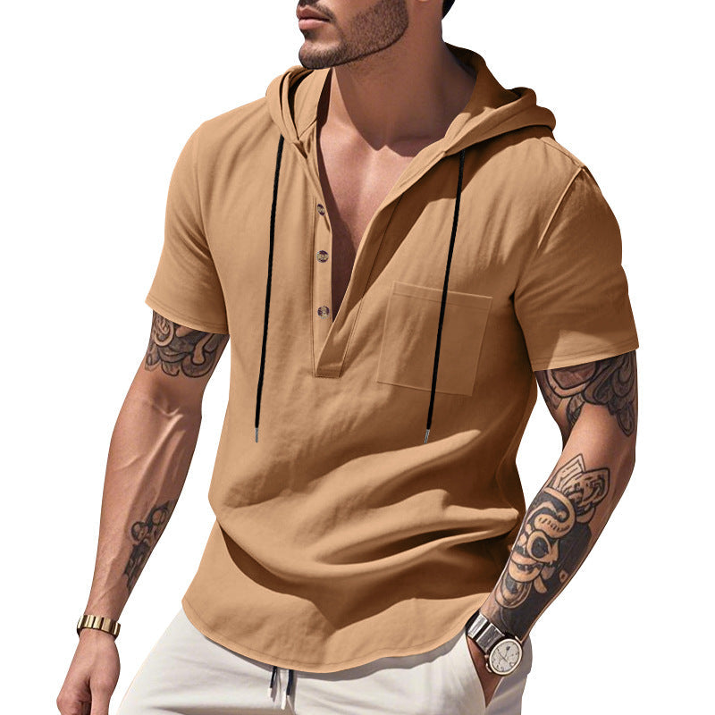 Męska Lekka krótka-sleeve z kapturem Henley wykonana z single jersey z klatka piersiowa kieszeń i kontrastowy ściągacz