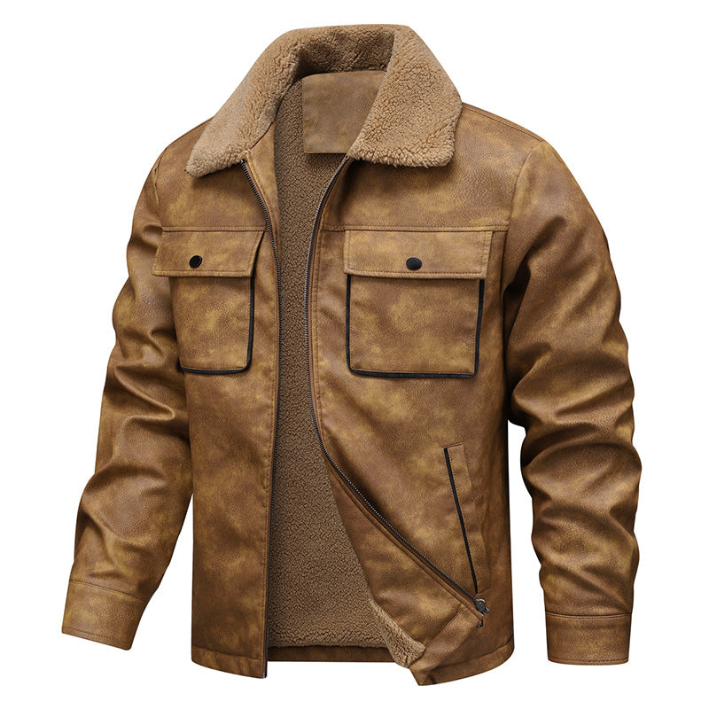 Męski vintage-inspired imitacja skóry kurtka z teddy podszewka i kołnierz koszulowy