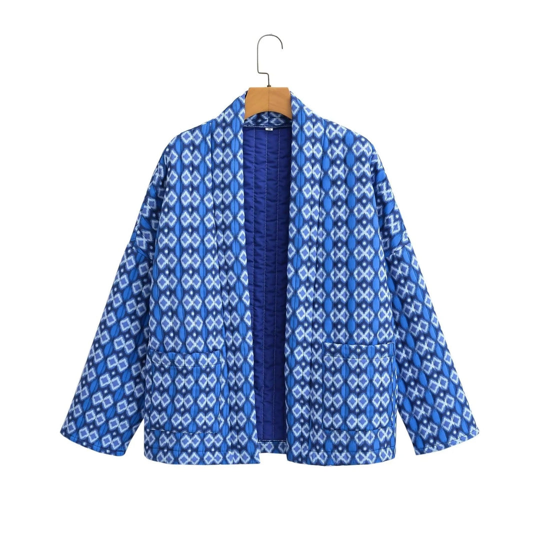Damska wzorzysta kimono pikowana kurtka z otwartym przodem i z naszywanymi kieszeniami Lumaza