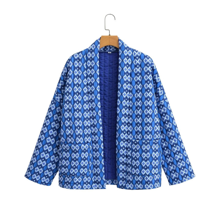 Damska wzorzysta kimono pikowana kurtka z otwartym przodem i z naszywanymi kieszeniami Lumaza
