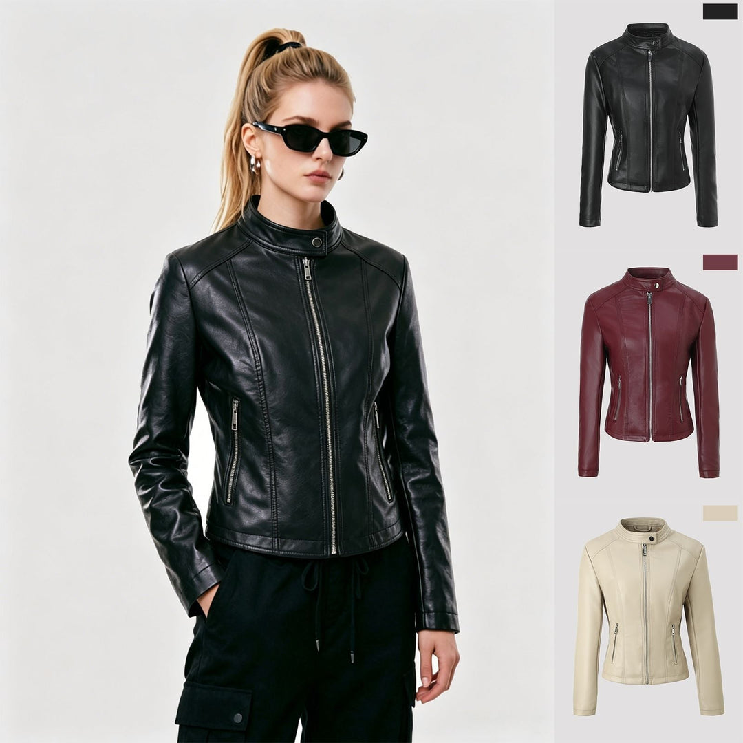 Damska taliowana Leather kurtka z ze stójką, Vertical Decorative Seams i z kieszeniami na zamek Lumaza