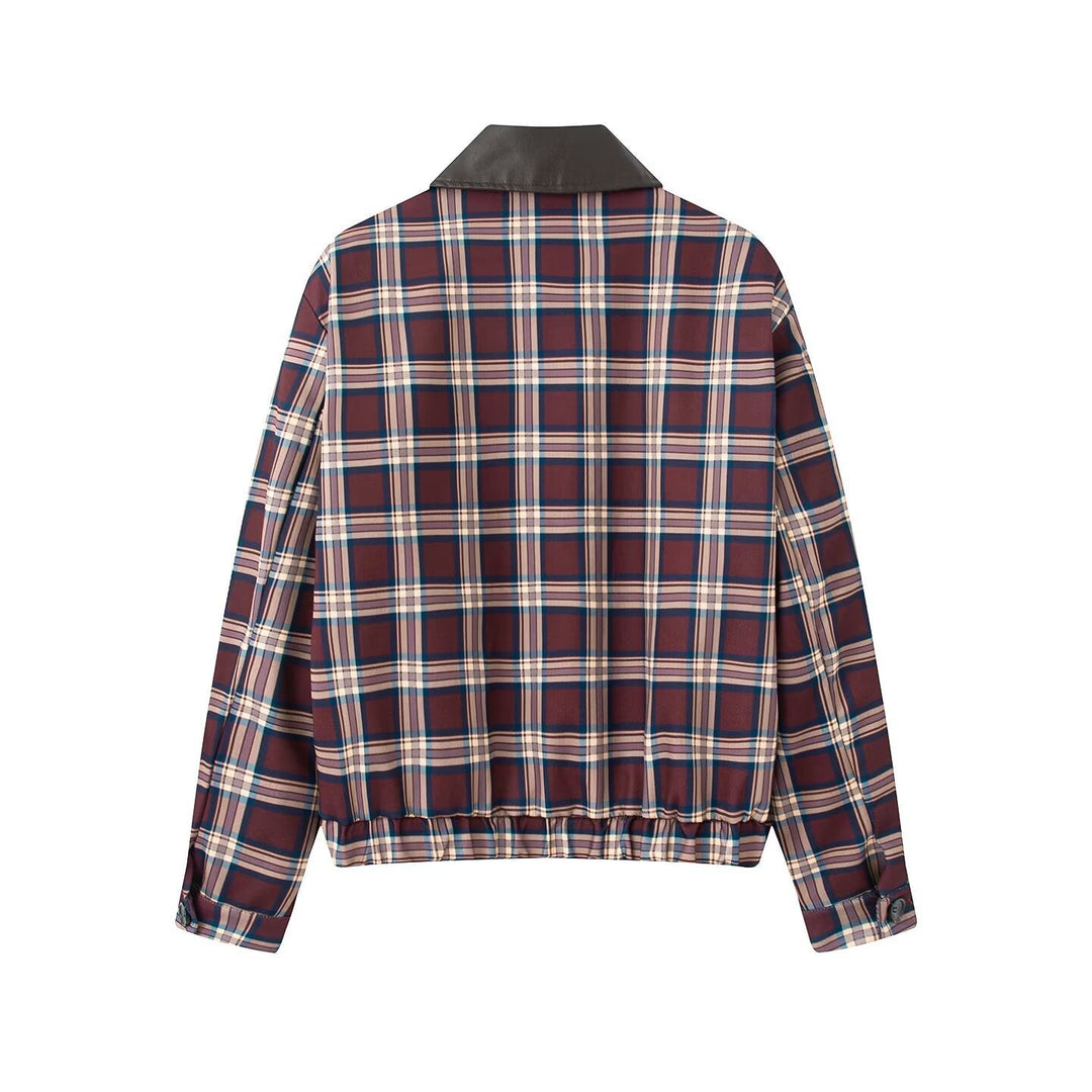 Damska krótka Checked Blouson z imitacja skóry kołnierzem, zamkiem błyskawicznym i Elastic dołem Lumaza