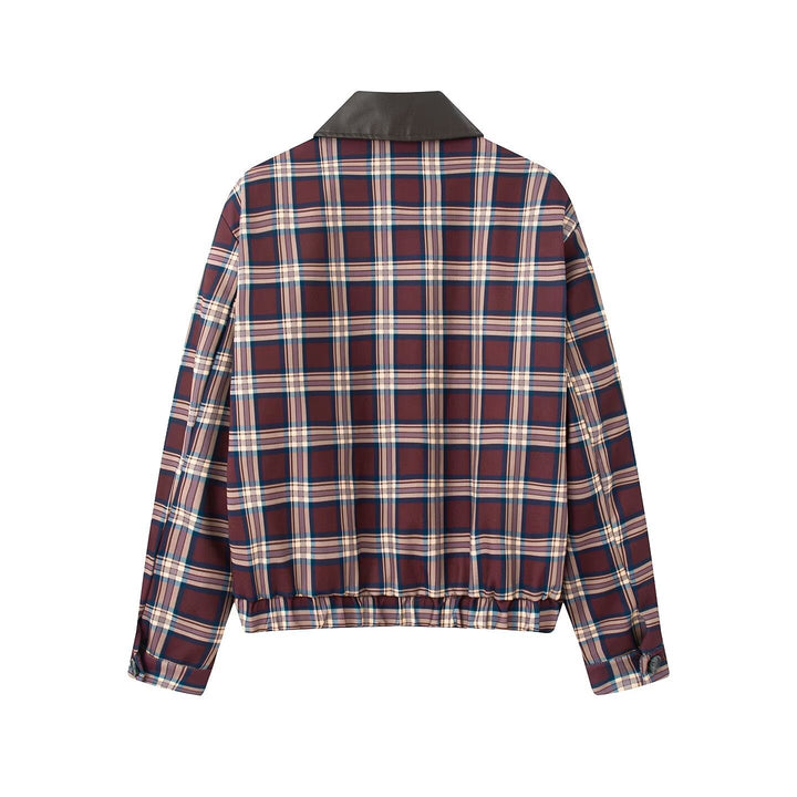 Damska krótka Checked Blouson z imitacja skóry kołnierzem, zamkiem błyskawicznym i Elastic dołem Lumaza