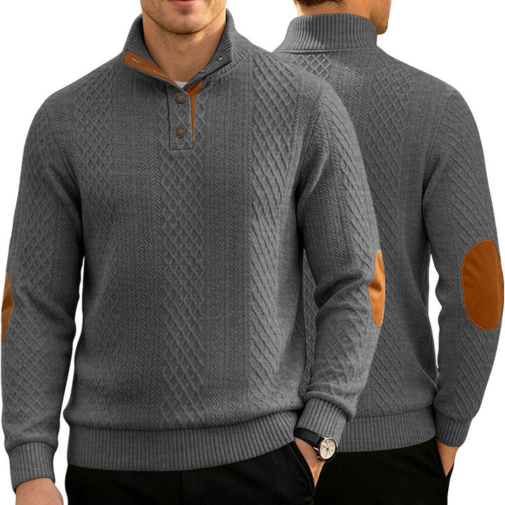 Męska Cable Dzianina Jumper z Stójka i Skóra Wygląd Elbow Patches