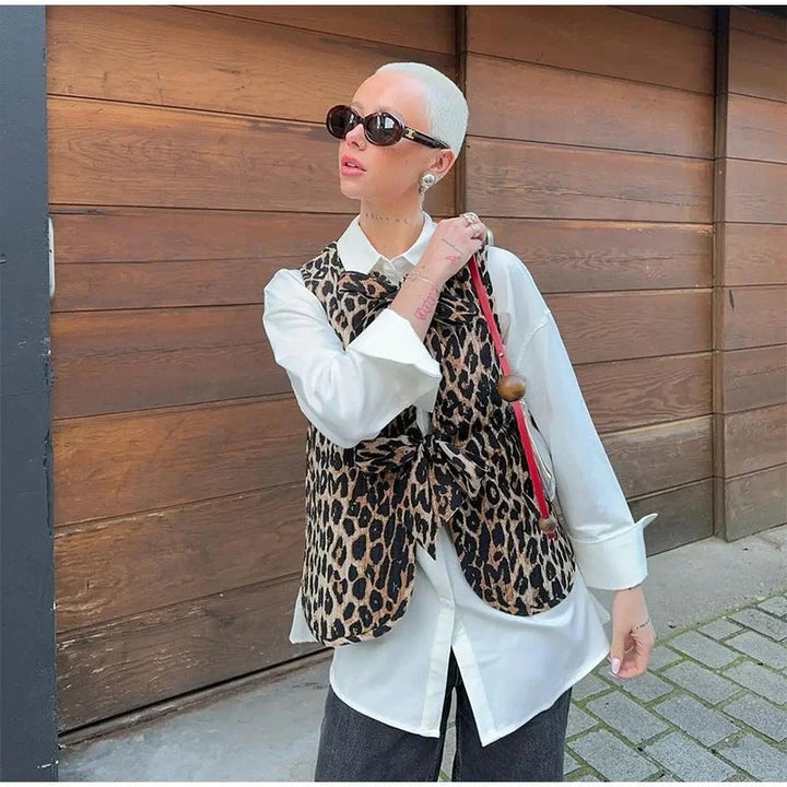 Damska bez rękawów Leopard Print kamizelka z Ties i Textured Surface Lumaza