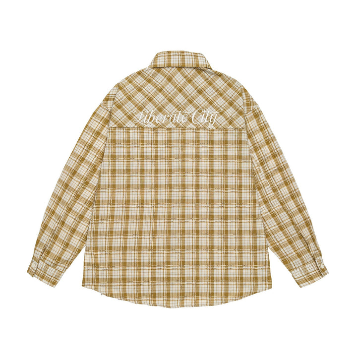 Unisex Oversize Kurtka koszulowa w checkered bawełna wygląd z zaokrąglony Dół i breast kieszeń