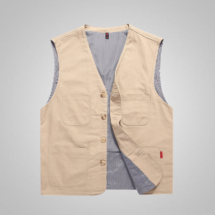 Męski Bez rękawów Utility Płótno Kamizelka z V-Neck, Guzik Placket, i Naszywane kieszenie