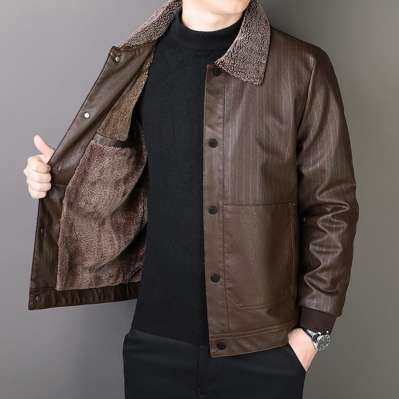 Męski Imitacja skóry Blouson z Sherpa Kołnierz, Ciepły Teddy Podszewka i Pinstripe Detal