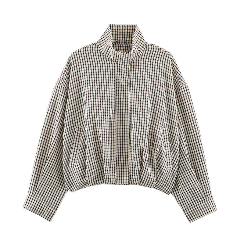 Damskie Oversize Checkered Bluzon Kurtka z Stójka