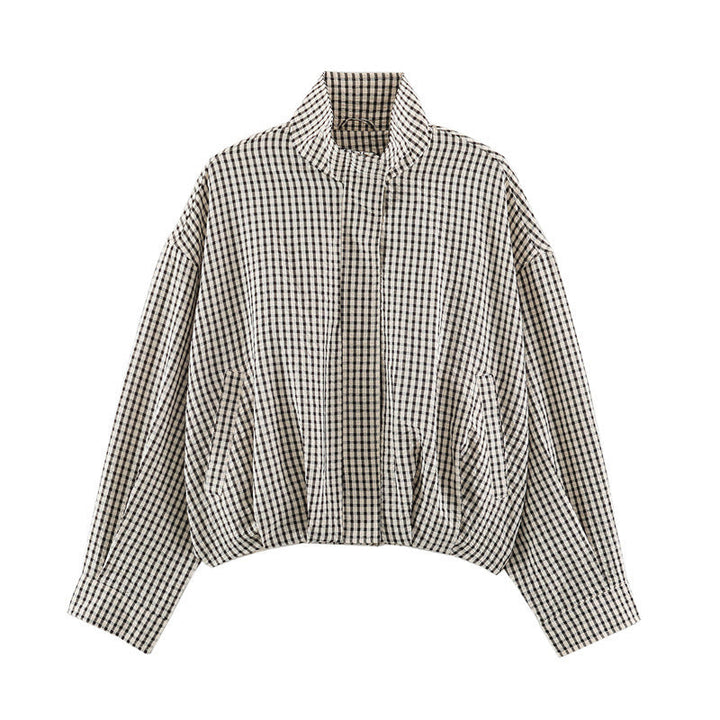 Damskie Oversize Checkered Bluzon Kurtka z Stójka
