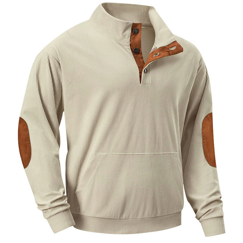 Męska dzianinowa Stójka bluza z Listwa guzikowa, kieszeń kangurka i aksamit elbow patches
