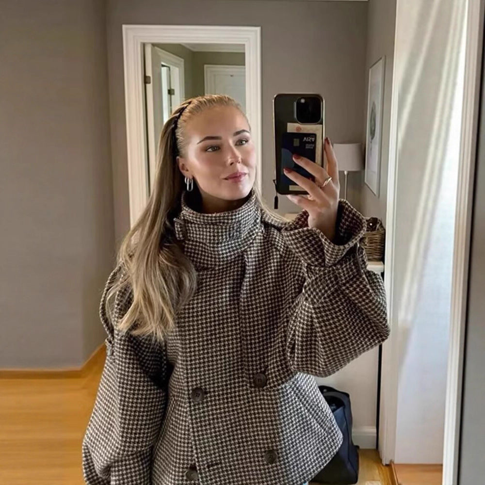 Damska oversize trencz z Houndstooth Pattern, wysoka stójka kołnierzem i na ramiona Epaulettes Lumaza