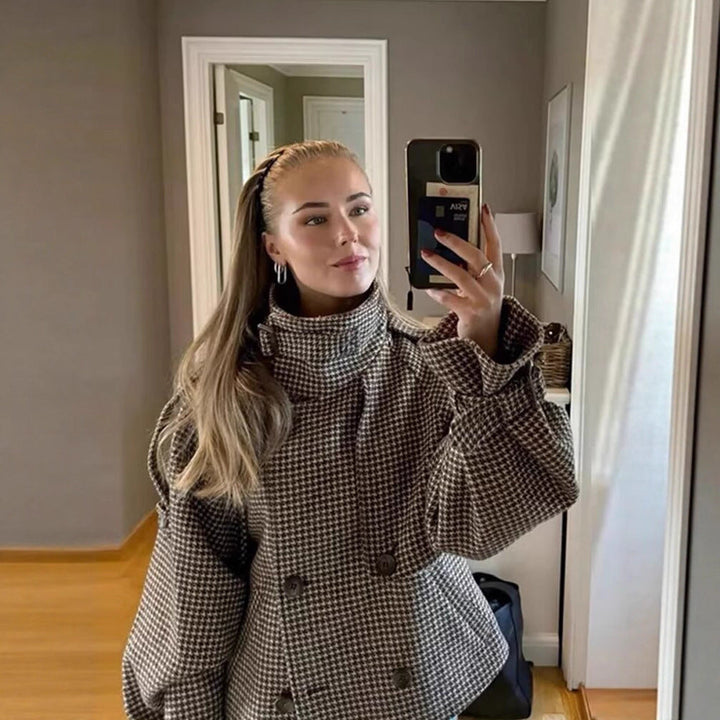Damska oversize trencz z Houndstooth Pattern, wysoka stójka kołnierzem i na ramiona Epaulettes Lumaza