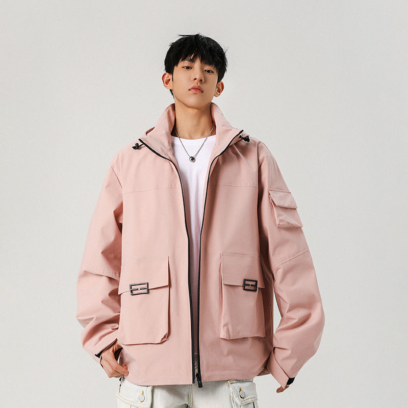 Męski Oversize Utility Kurtka z Technical Softshell, Kaptur i Wiele Kieszenie
