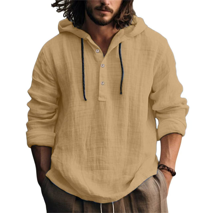 Męska Lekka z kapturem koszula z len wygląd i Henley Listwa guzikowa