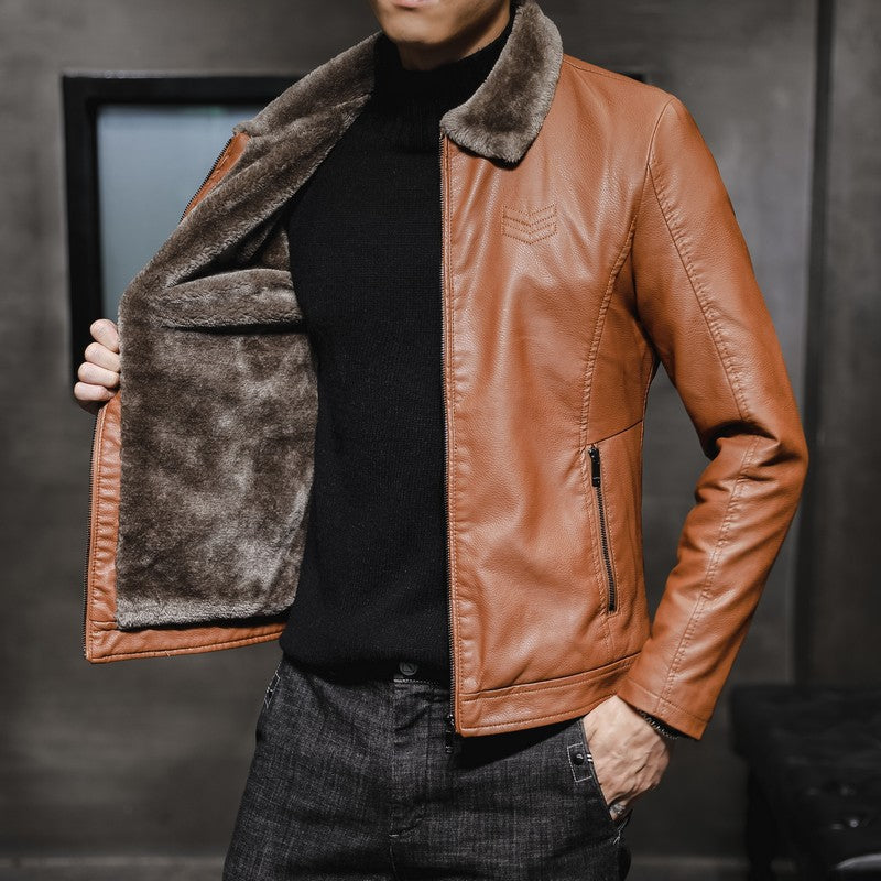 Kurtka skórzana męska z kieszeniami na zamek, na zamek błyskawiczny - na chłodne dni