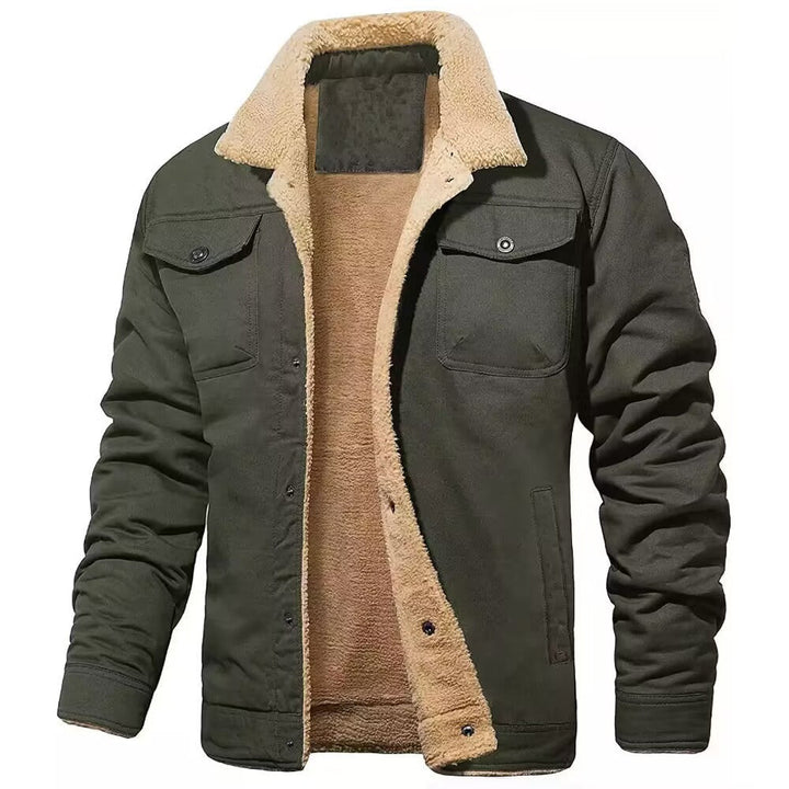 Męski solidny płótno blouson z full sherpa podszewka i kołnierz koszulowy
