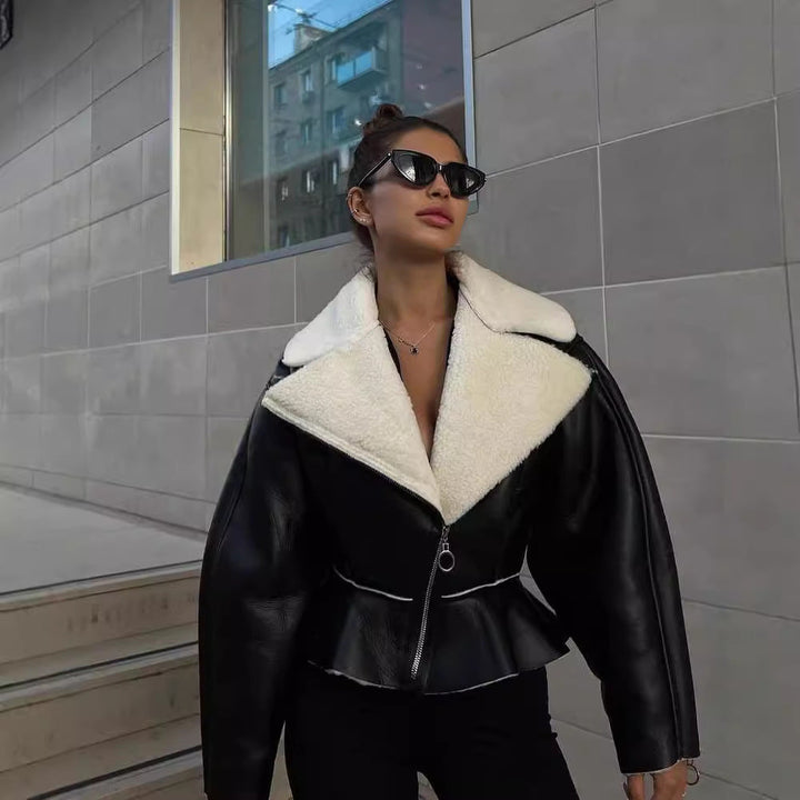 Damska krótka Lambskin Imitation Biker kurtka z oversize kołnierzem i Asymmetrical zamkiem błyskawicznym Lumaza