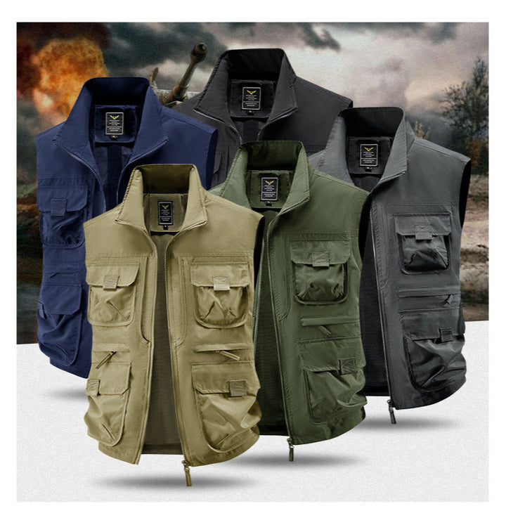 Męska outdoorowy utility kamizelka z multiple kieszeniami, rewdlaced wserts, i przód zamkiem