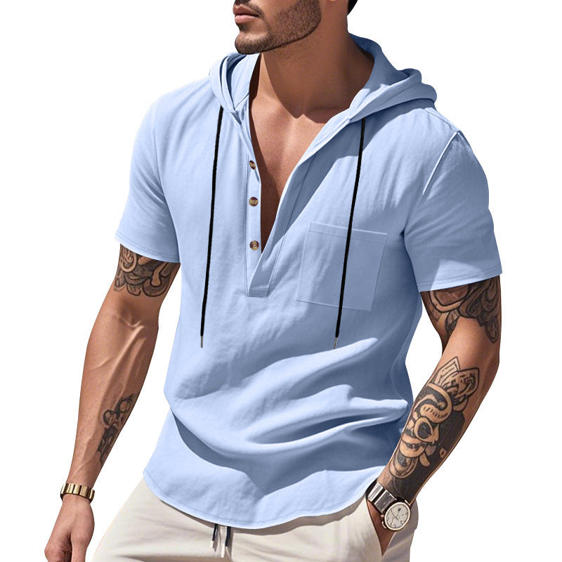 Męska Lekka krótka-sleeve z kapturem Henley wykonana z single jersey z klatka piersiowa kieszeń i kontrastowy ściągacz