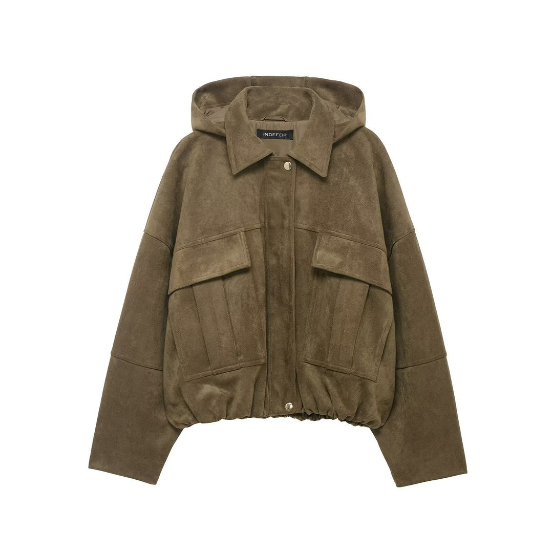Damska oversize-krótka Suede Look kurtka z kapturem i klapką kieszeniami Lumaza