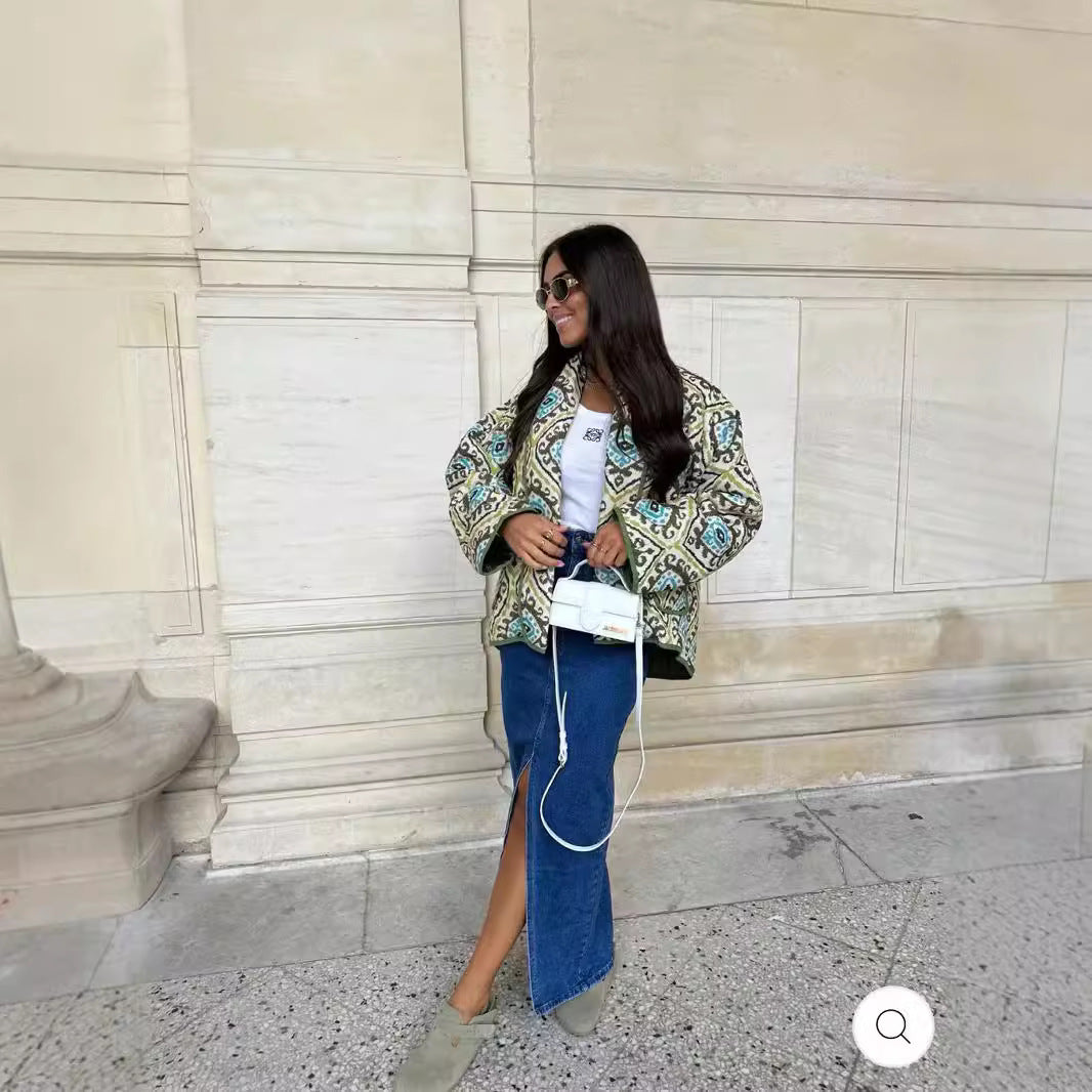 Damska pikowana kimono kurtka z Graphic Allover Pattern, Shawl kołnierzem i z naszywanymi kieszeniami Lumaza