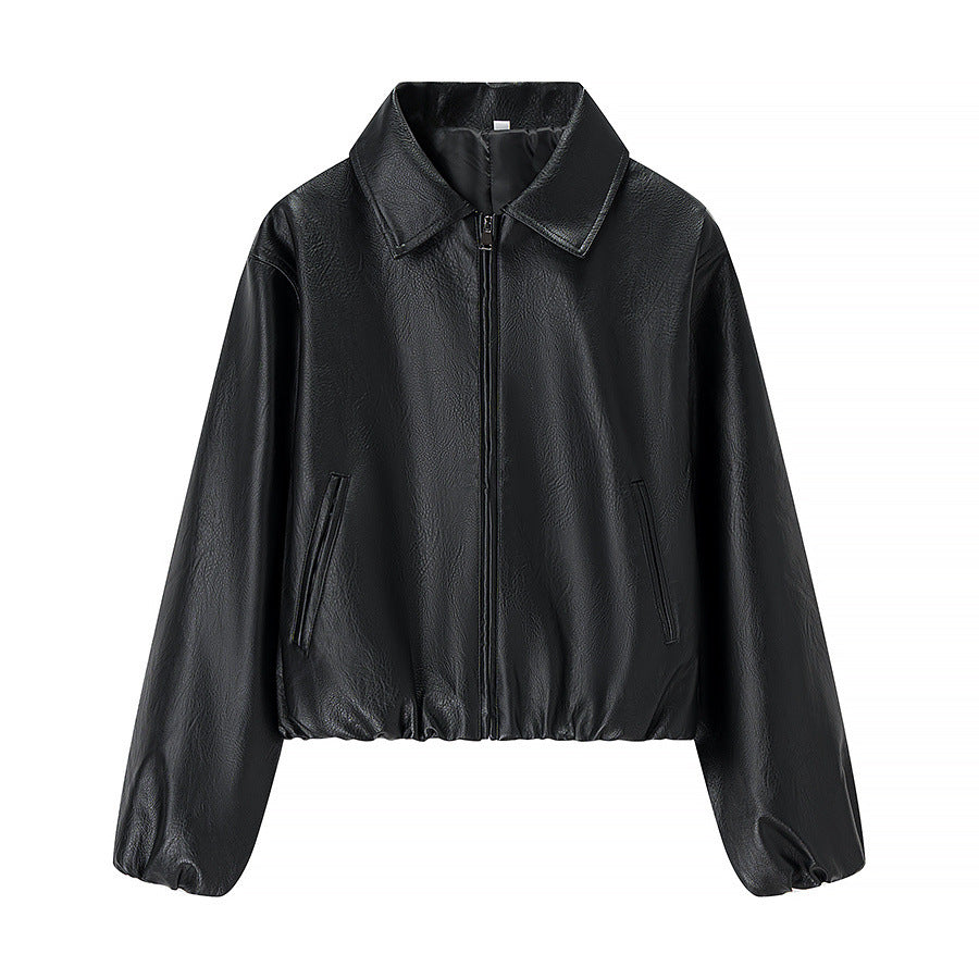 Damska krótka leather imitation blouson z zamkiem błyskawicznym i elastic dołem Lumaza