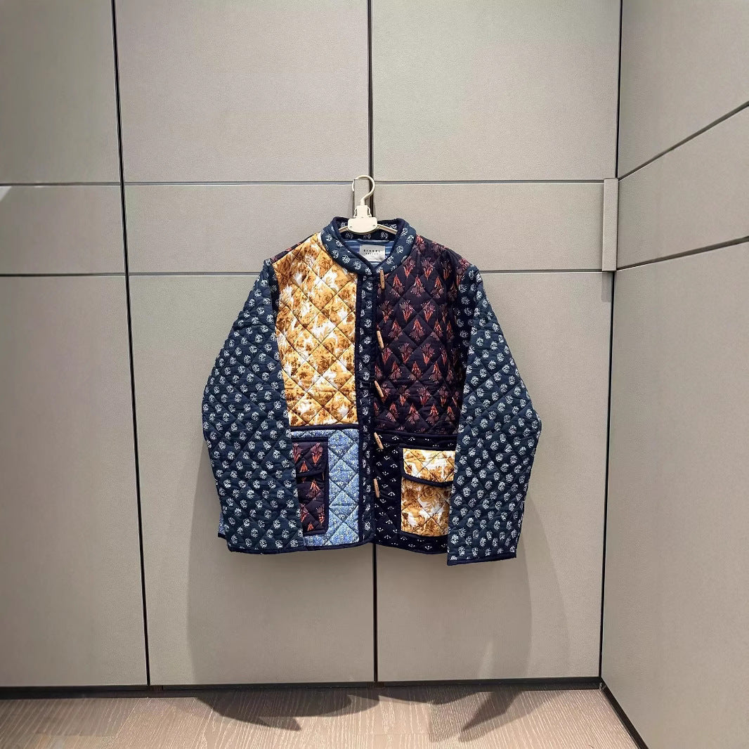 Damskie Ocieplana Patchwork Kurtka pikowana z Toggle Closures i Naszywane kieszenie